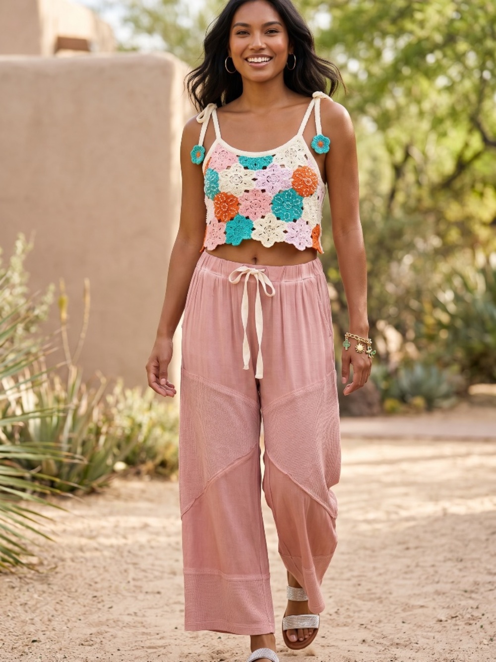 POL Crochet Floral Pearl Beaded Tie Strap Crop Top | Boho Festival - Picture 2 of 8